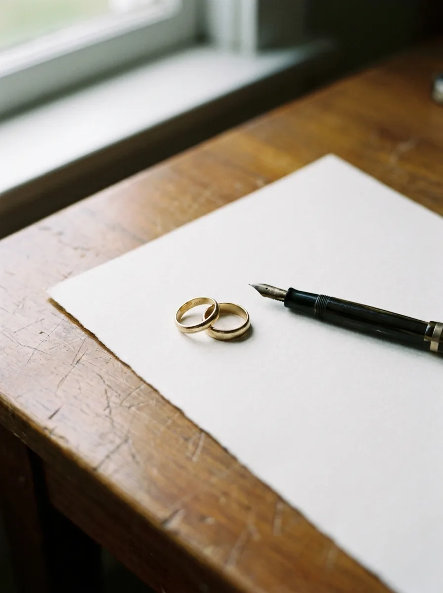 Anillos de matrimonio sobre documentos de divorcio — trámite de divorcio en CDMX