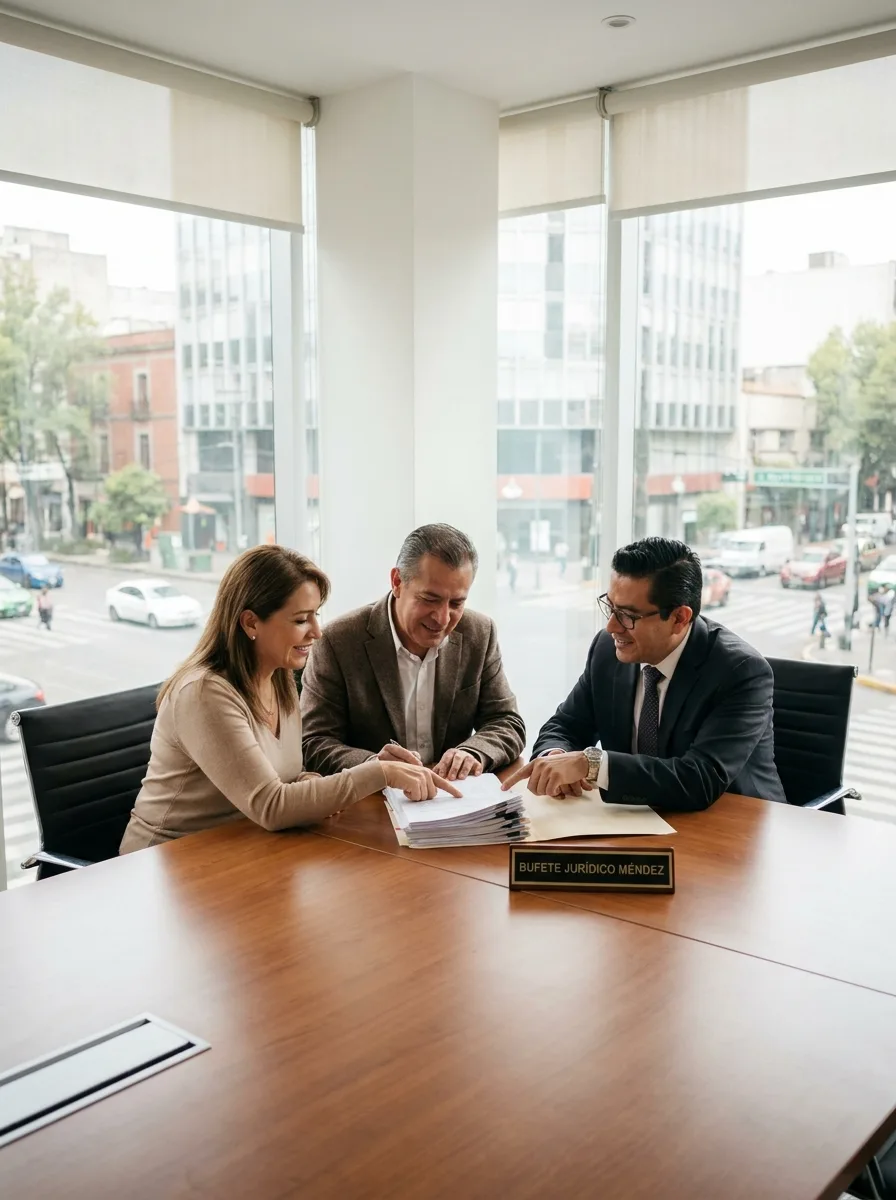 Pareja revisando un documento con su abogada — matrimonio y régimen de bienes en CDMX
